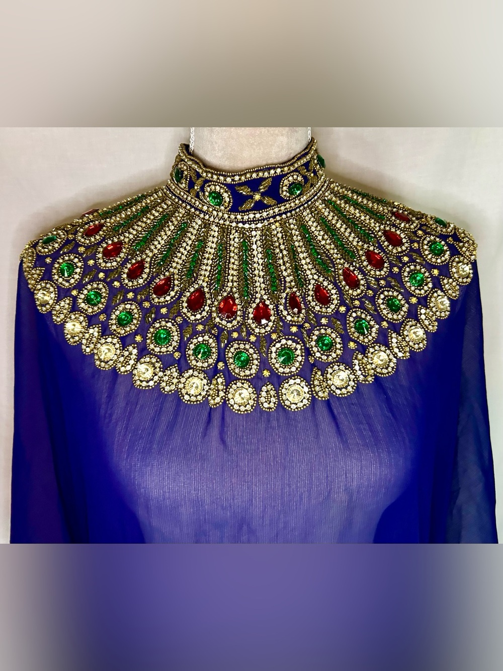 Royal Blue Sheer Hand Beaded Gold, Multicolor Farasha Kaftan Gown, Free Size - Picture 4 of 17